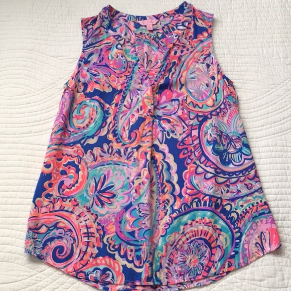 Lilly Pulitzer Women's Sleeveless Stacey Top Blue Current Drop Me A Lime Size S - Picture 2 of 10